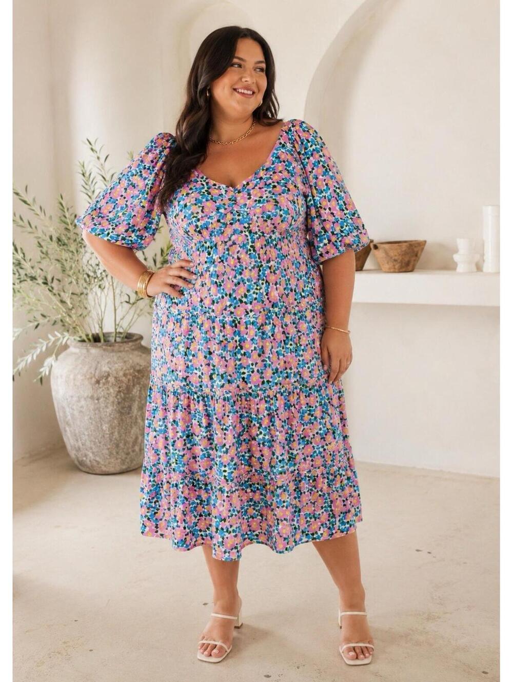 Show Me Your MuMu Pink Floral Midi Dress with Blue & Green Accents